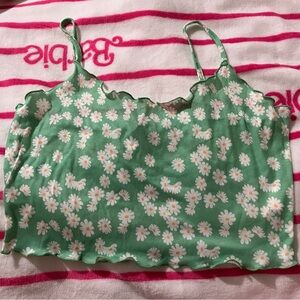 Bright Green with White Daisy Print Lettuce Trim Cropped Cami Top NWOT